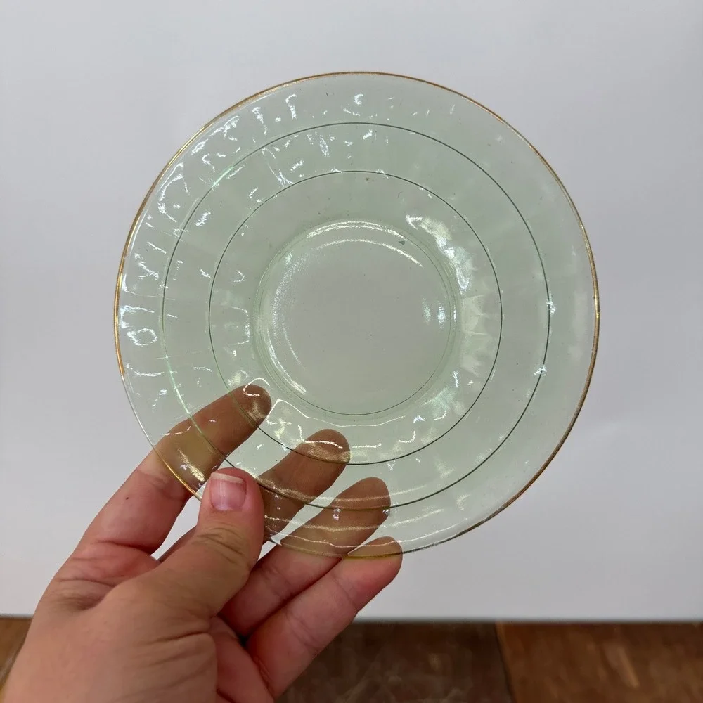 Set of 6 Vaseline Uranium Vintage Glass Saucers Gold Rimmed Dessert Small Plates